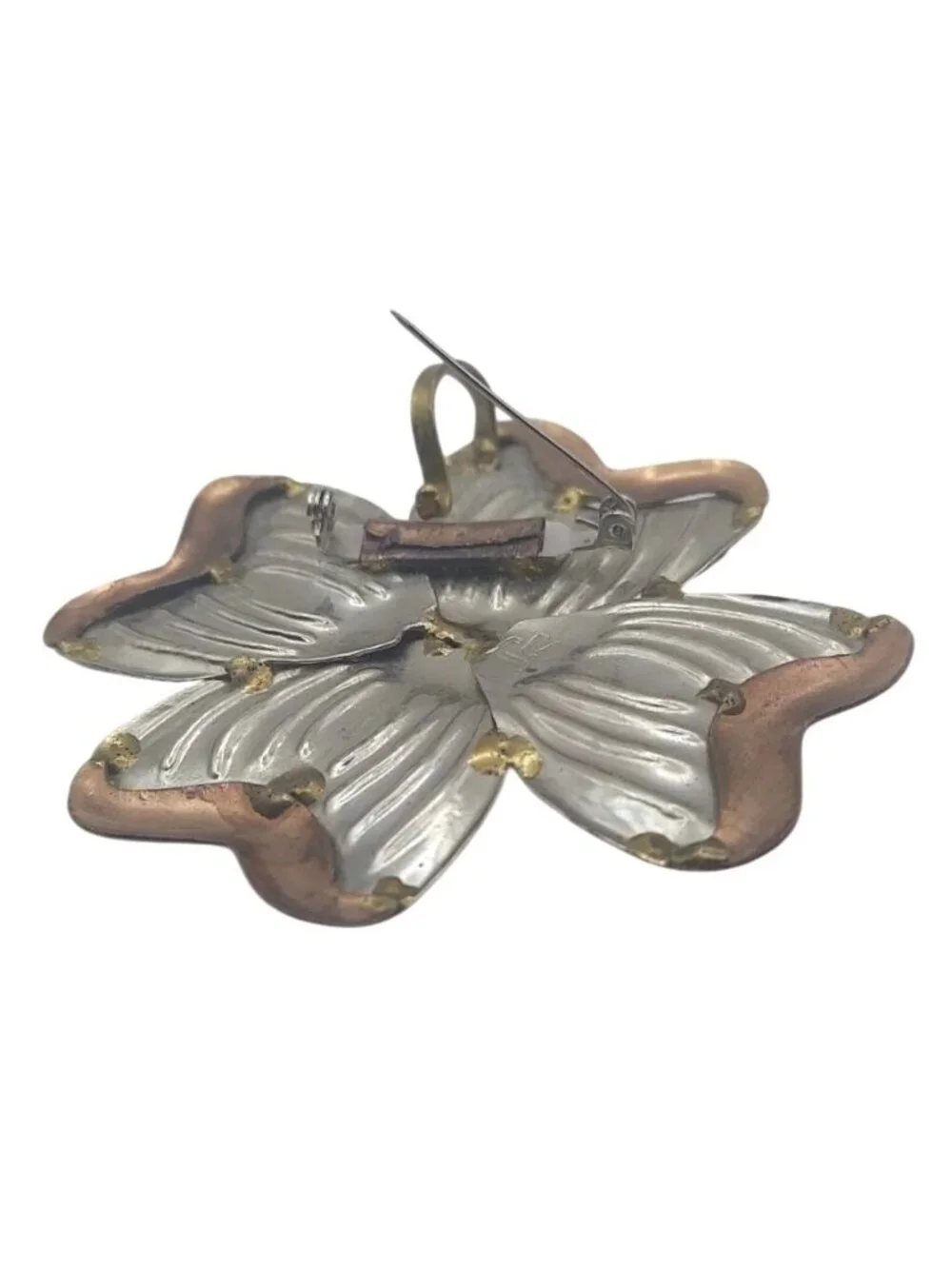 Brutalist Dogwood Flower Three Tone Metal Brooch Pin Pendant Signed SJ Vintage
